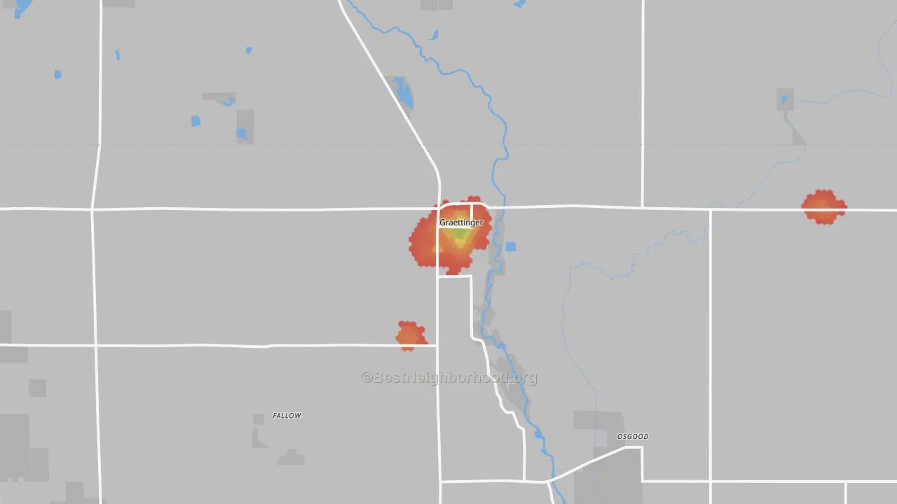 Walk Grade map of Graettinger, IA, walkable areas in green and car-dependent areas in red