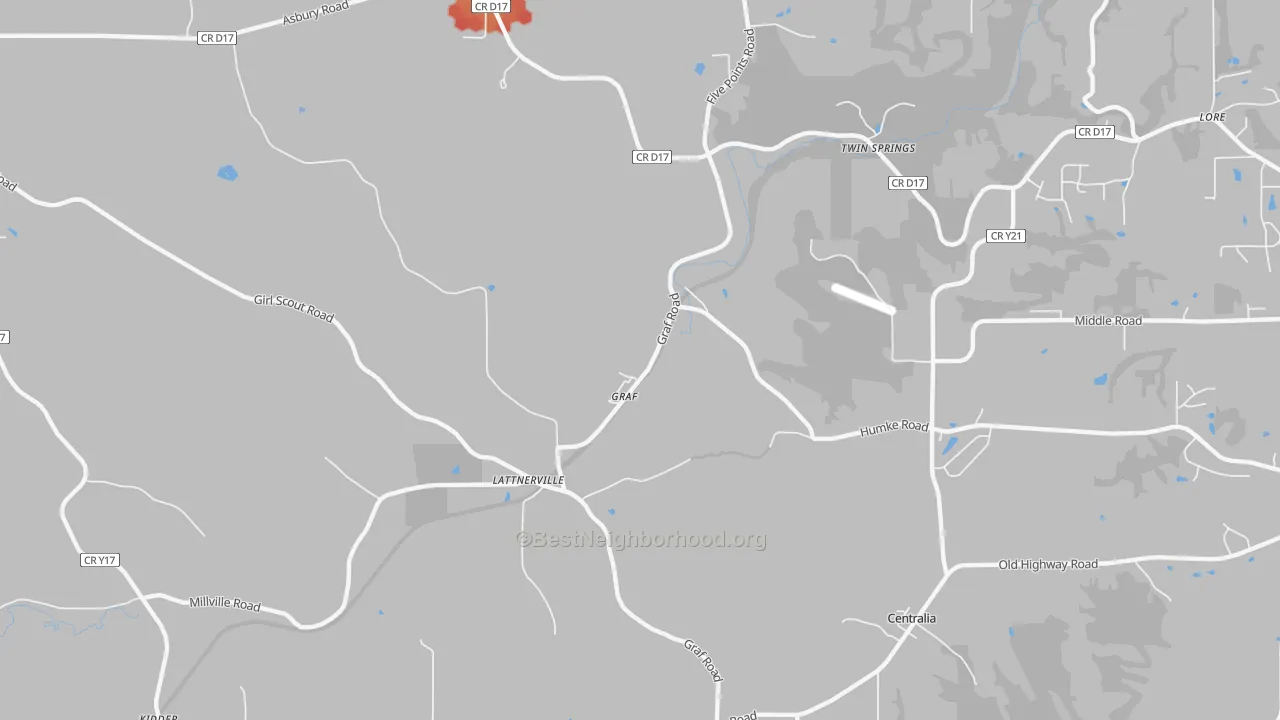 Walk Grade map of Graf, IA, walkable areas in green and car-dependent areas in red