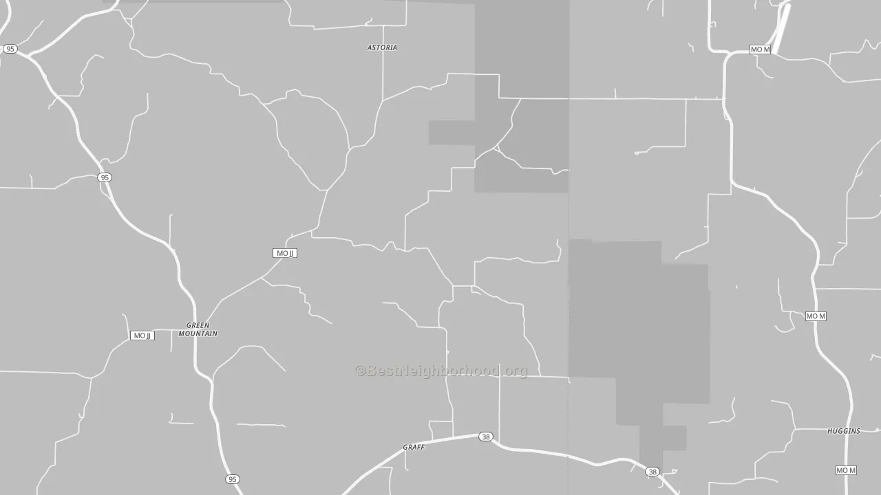 Walk Grade map of Graff, MO, walkable areas in green and car-dependent areas in red