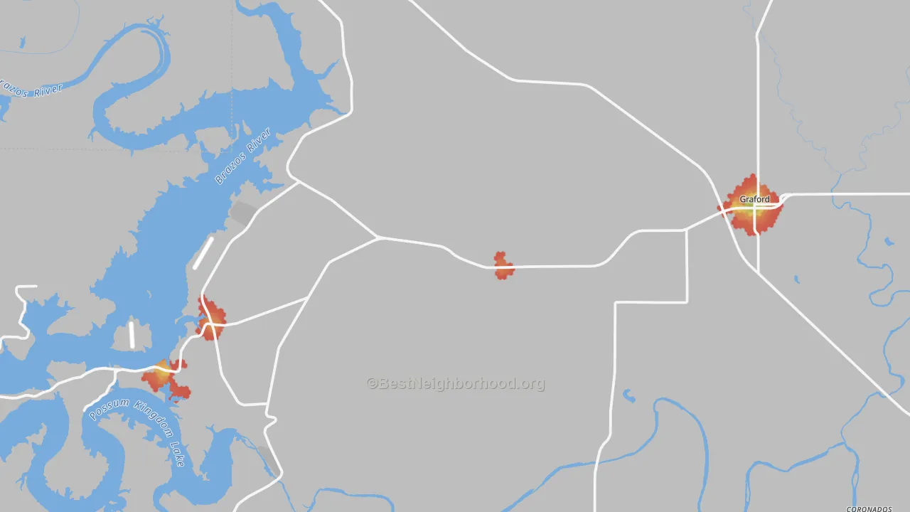 Walk Grade map of Graford, TX, walkable areas in green and car-dependent areas in red