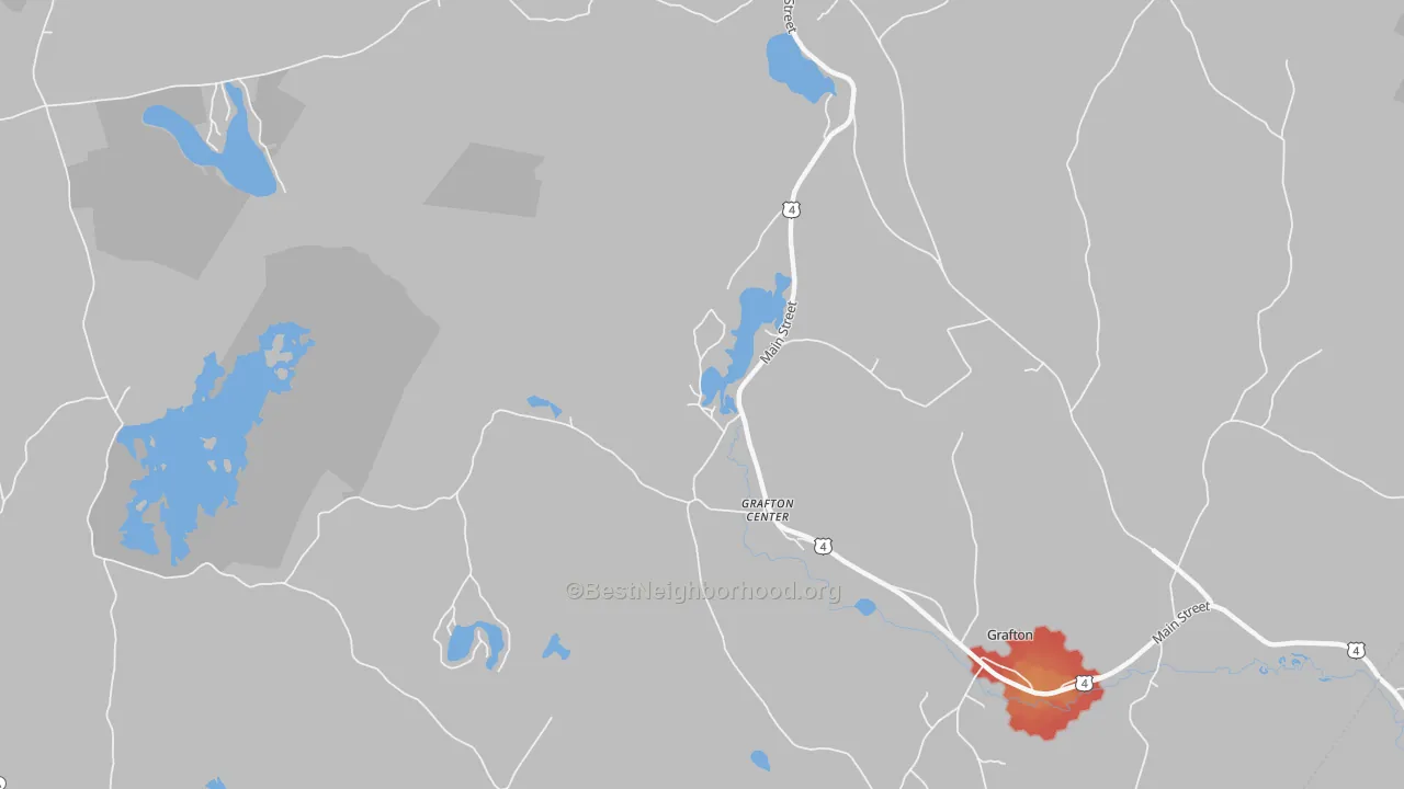 Walk Grade map of Grafton Center, NH, walkable areas in green and car-dependent areas in red