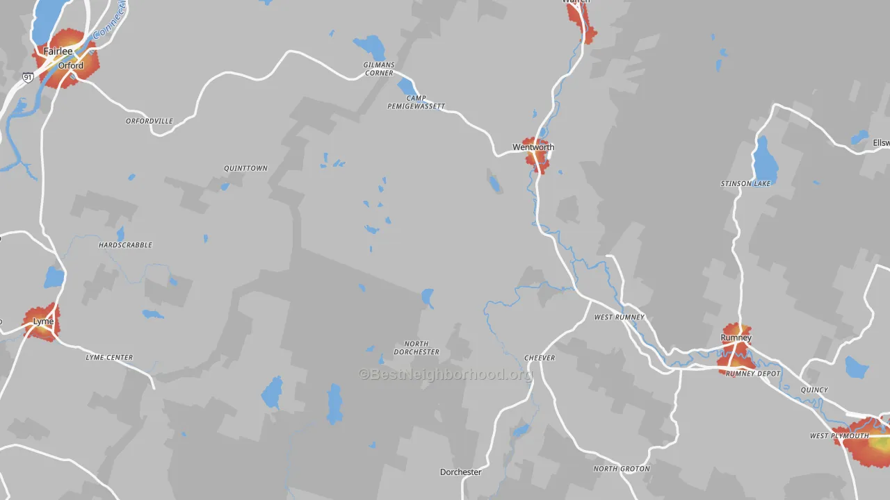 Walk Grade map of Grafton County, NH, walkable areas in green and car-dependent areas in red