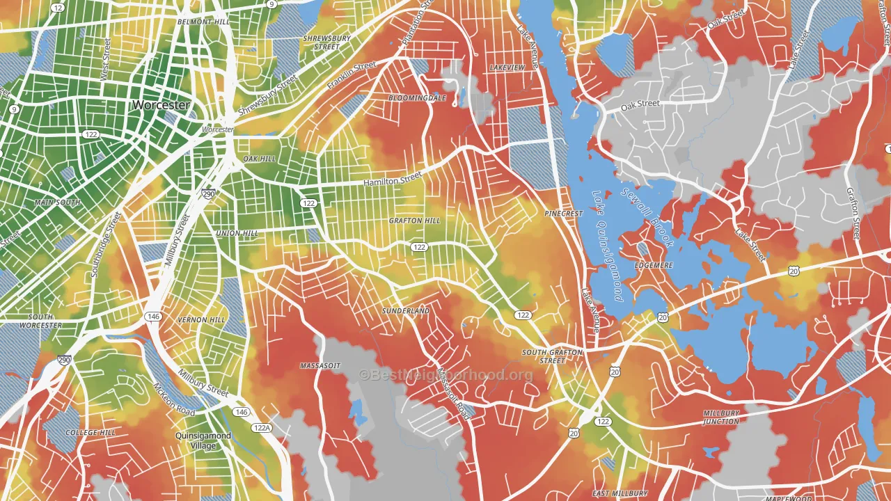 Walk Grade map of Grafton Hill, Worcester, MA, walkable areas in green and car-dependent areas in red