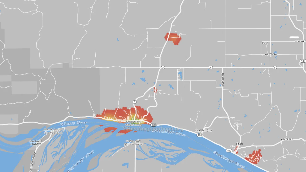 Walk Grade map of Grafton, IL, walkable areas in green and car-dependent areas in red