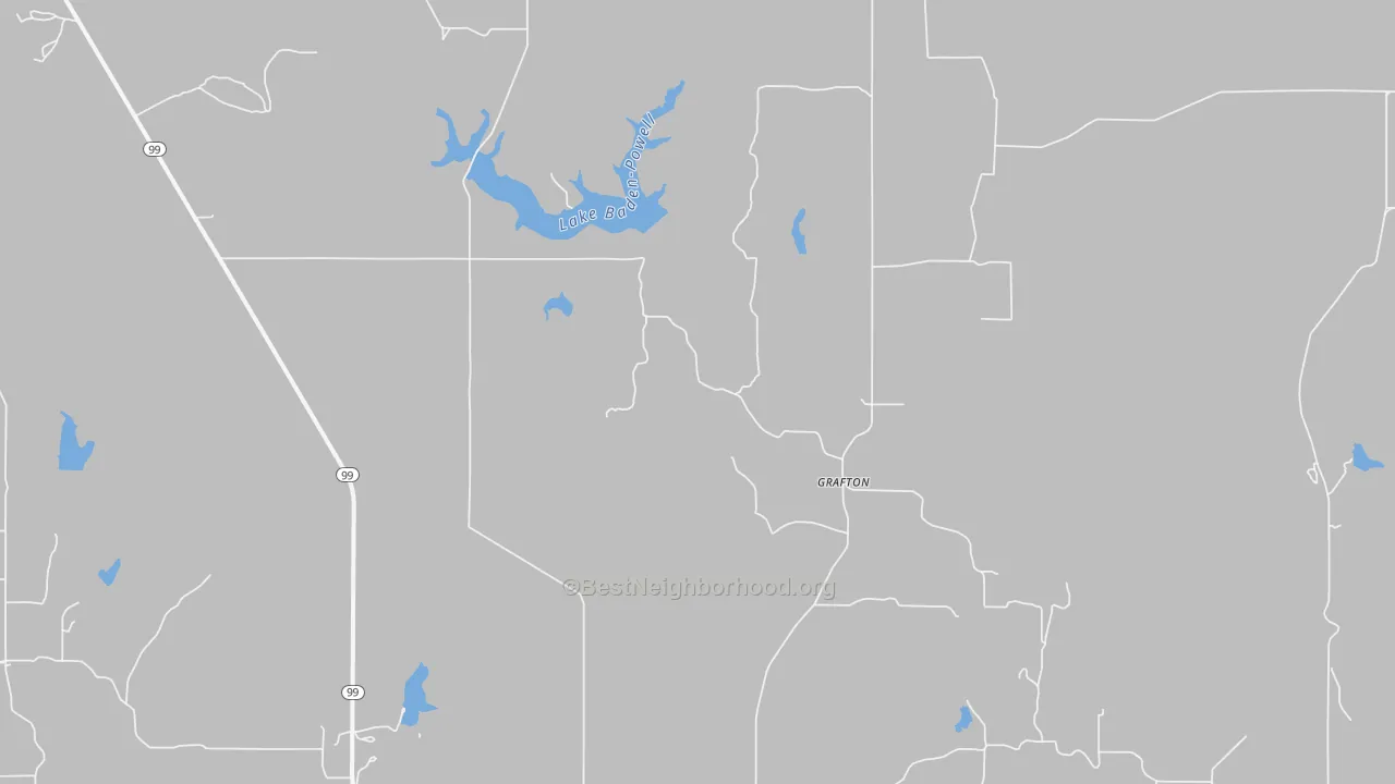 Walk Grade map of Grafton, KS, walkable areas in green and car-dependent areas in red