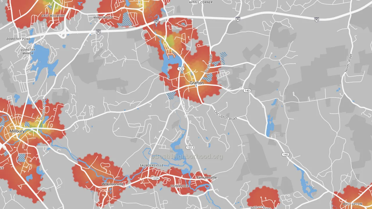 Walk Grade map of Grafton, MA, walkable areas in green and car-dependent areas in red