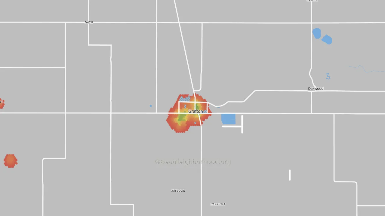 Walk Grade map of Grafton, ND, walkable areas in green and car-dependent areas in red