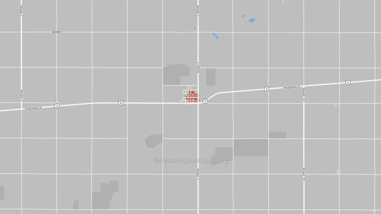 Walk Grade map of Grafton, NE, walkable areas in green and car-dependent areas in red
