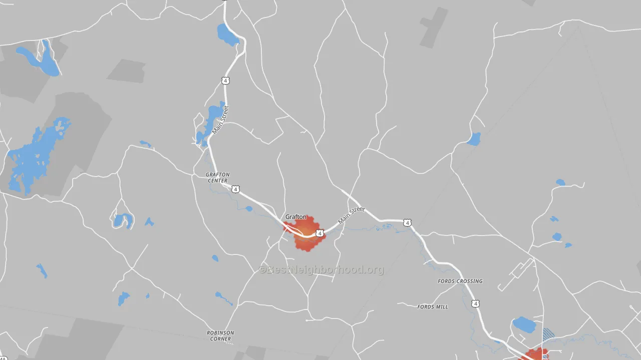 Walk Grade map of Grafton, NH, walkable areas in green and car-dependent areas in red