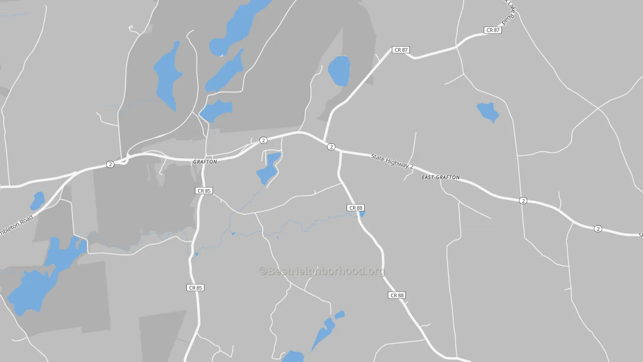 Walk Grade map of Grafton, NY, walkable areas in green and car-dependent areas in red
