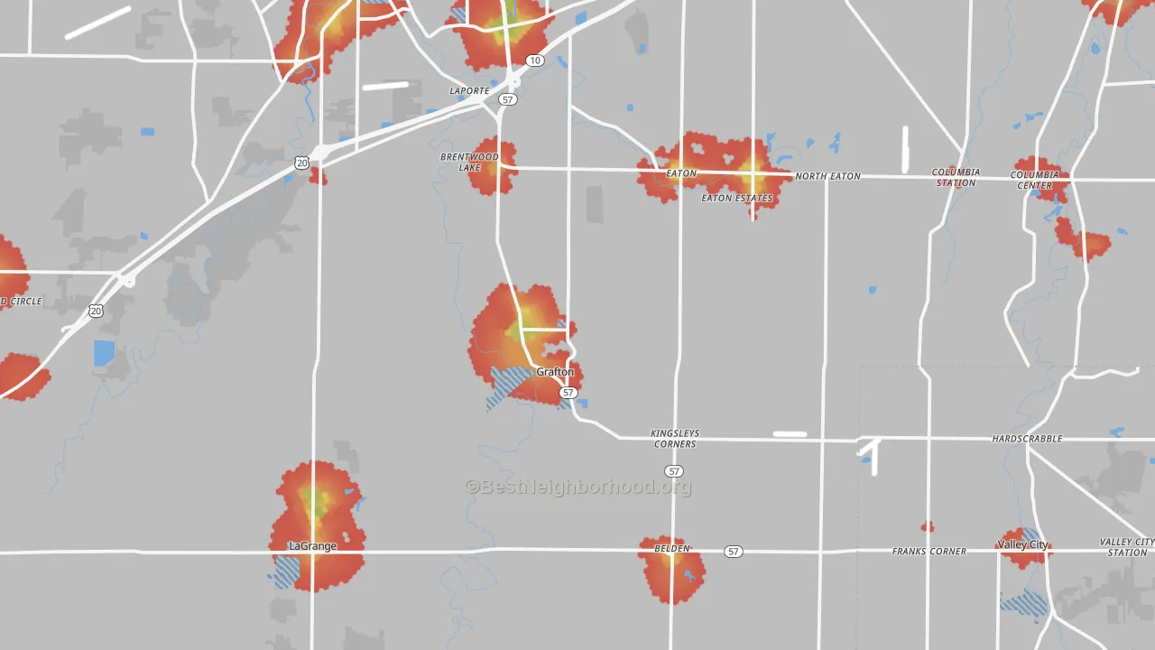 Walk Grade map of Grafton, OH, walkable areas in green and car-dependent areas in red