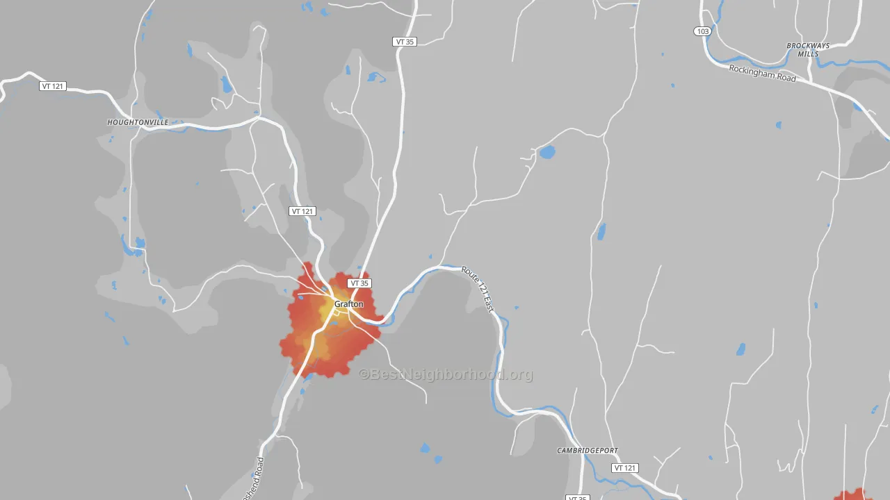Walk Grade map of Grafton, VT, walkable areas in green and car-dependent areas in red