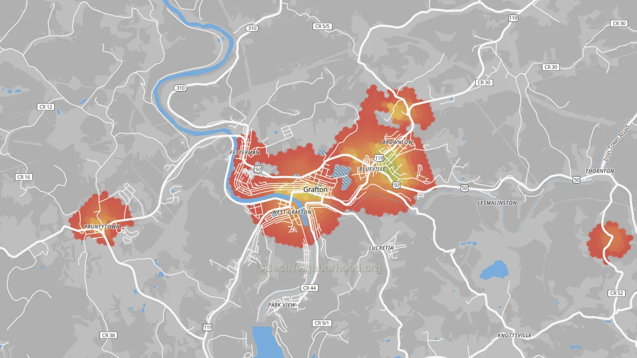 Walk Grade map of Grafton, WV, walkable areas in green and car-dependent areas in red