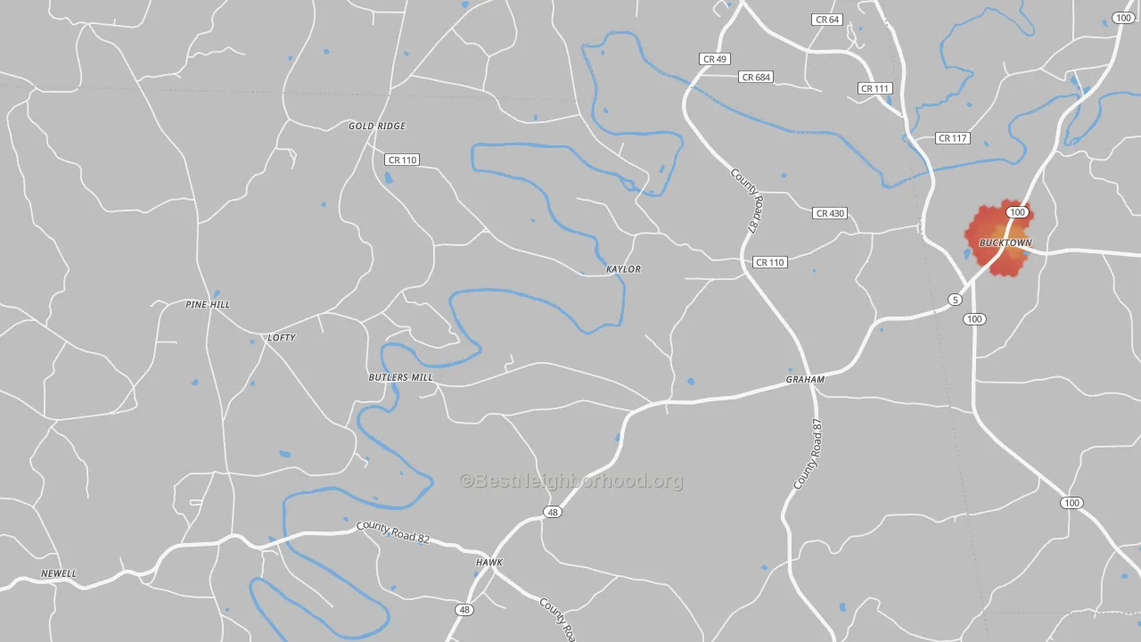 Walk Grade map of Graham, AL, walkable areas in green and car-dependent areas in red