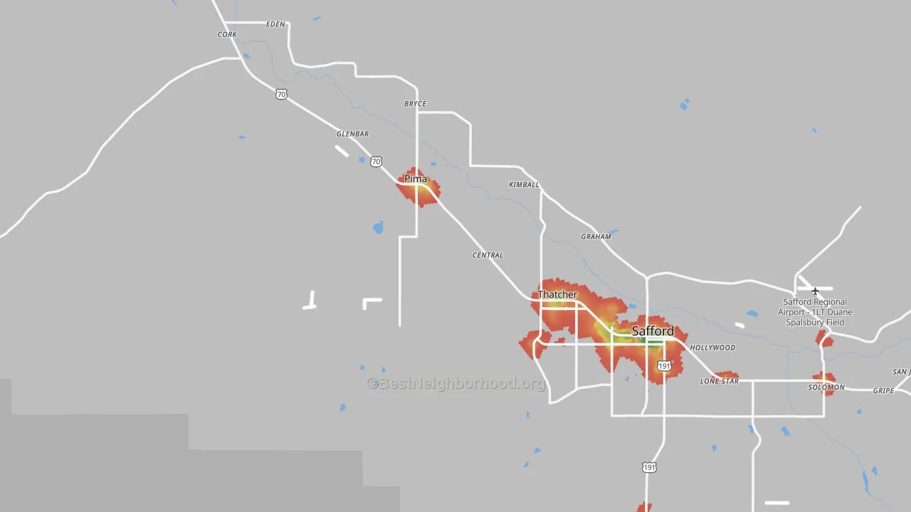 Walk Grade map of Graham County, AZ, walkable areas in green and car-dependent areas in red