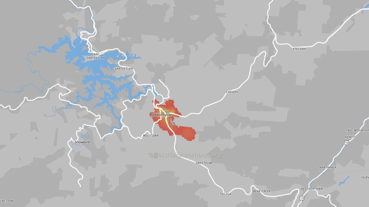 Walk Grade map of Graham County, NC, walkable areas in green and car-dependent areas in red