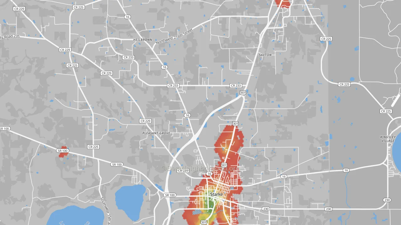 Walk Grade map of Graham, FL, walkable areas in green and car-dependent areas in red