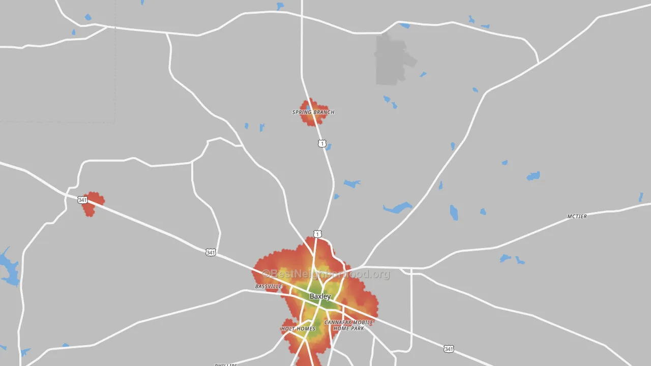 Walk Grade map of Graham, GA, walkable areas in green and car-dependent areas in red