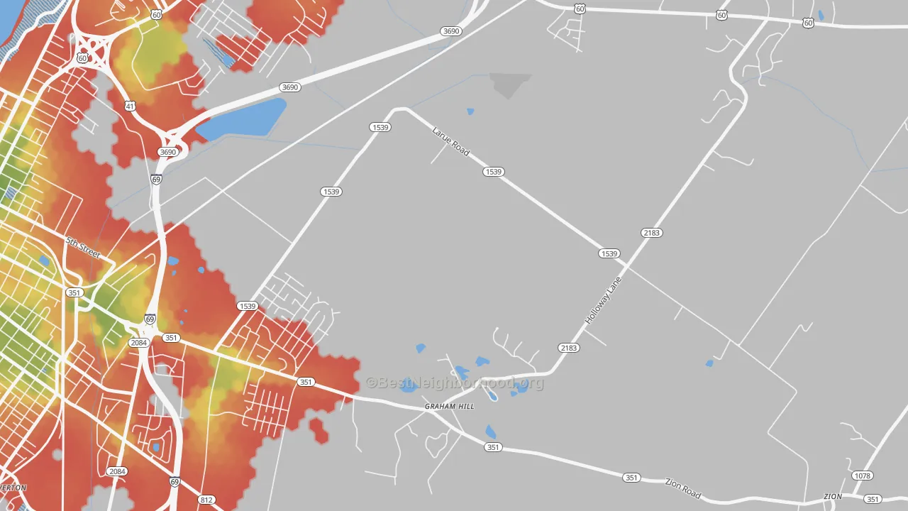 Walk Grade map of Graham Hill, KY, walkable areas in green and car-dependent areas in red
