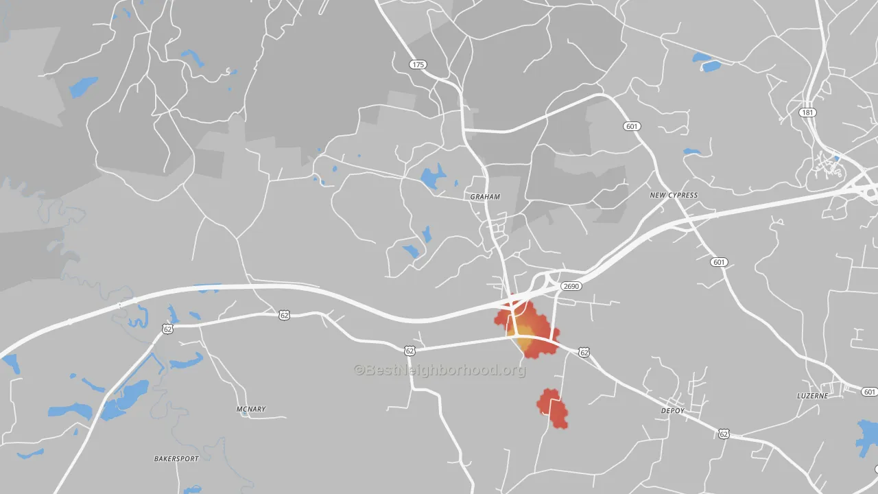 Walk Grade map of Graham, KY, walkable areas in green and car-dependent areas in red