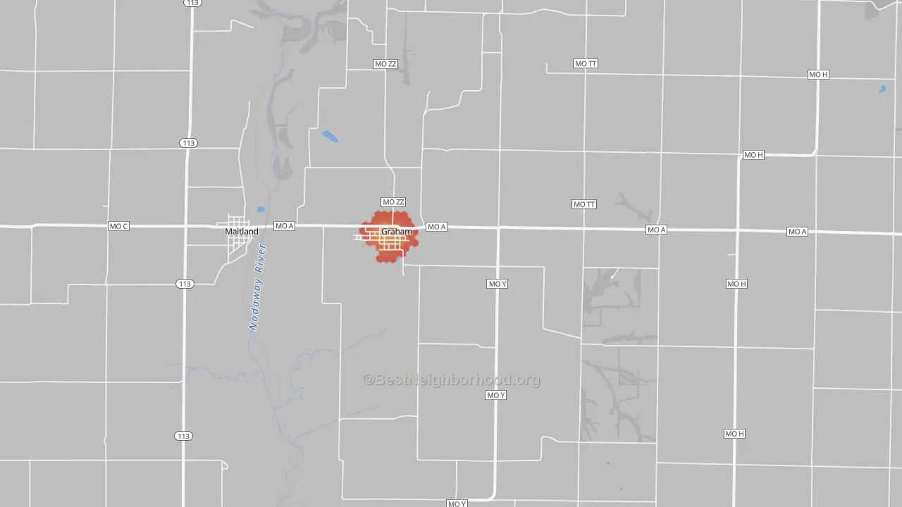 Walk Grade map of Graham, MO, walkable areas in green and car-dependent areas in red