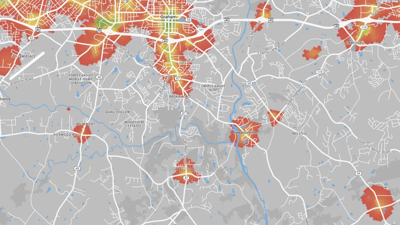 Walk Grade map of Graham, NC, walkable areas in green and car-dependent areas in red