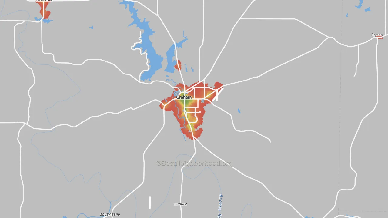 Walk Grade map of Graham, TX, walkable areas in green and car-dependent areas in red