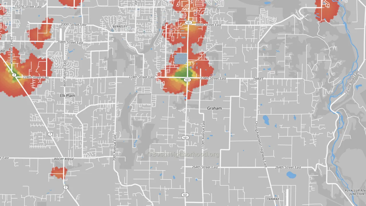 Walk Grade map of Graham, WA, walkable areas in green and car-dependent areas in red