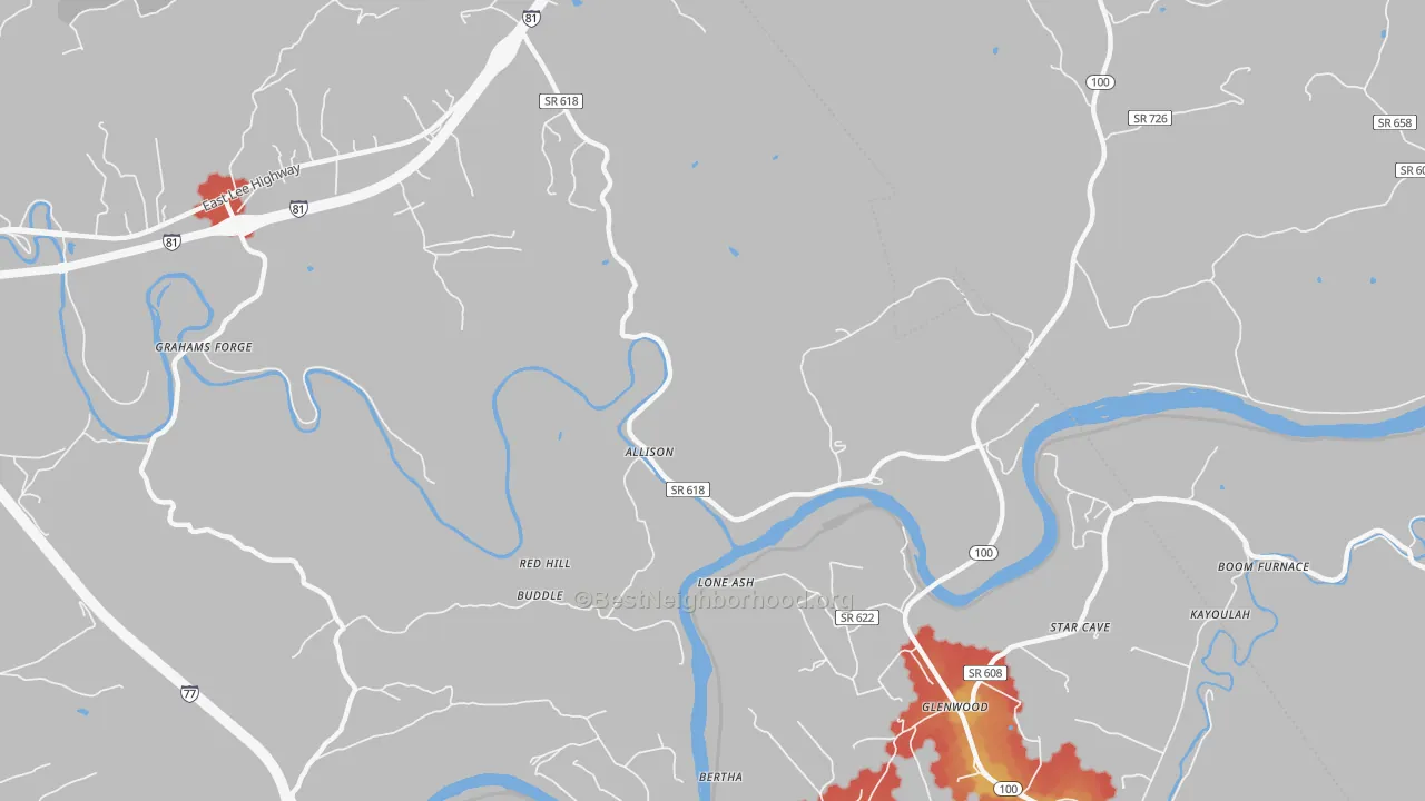 Walk Grade map of Grahams Forge, VA, walkable areas in green and car-dependent areas in red