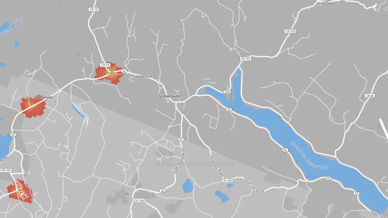 Walk Grade map of Grahamsville, NY, walkable areas in green and car-dependent areas in red