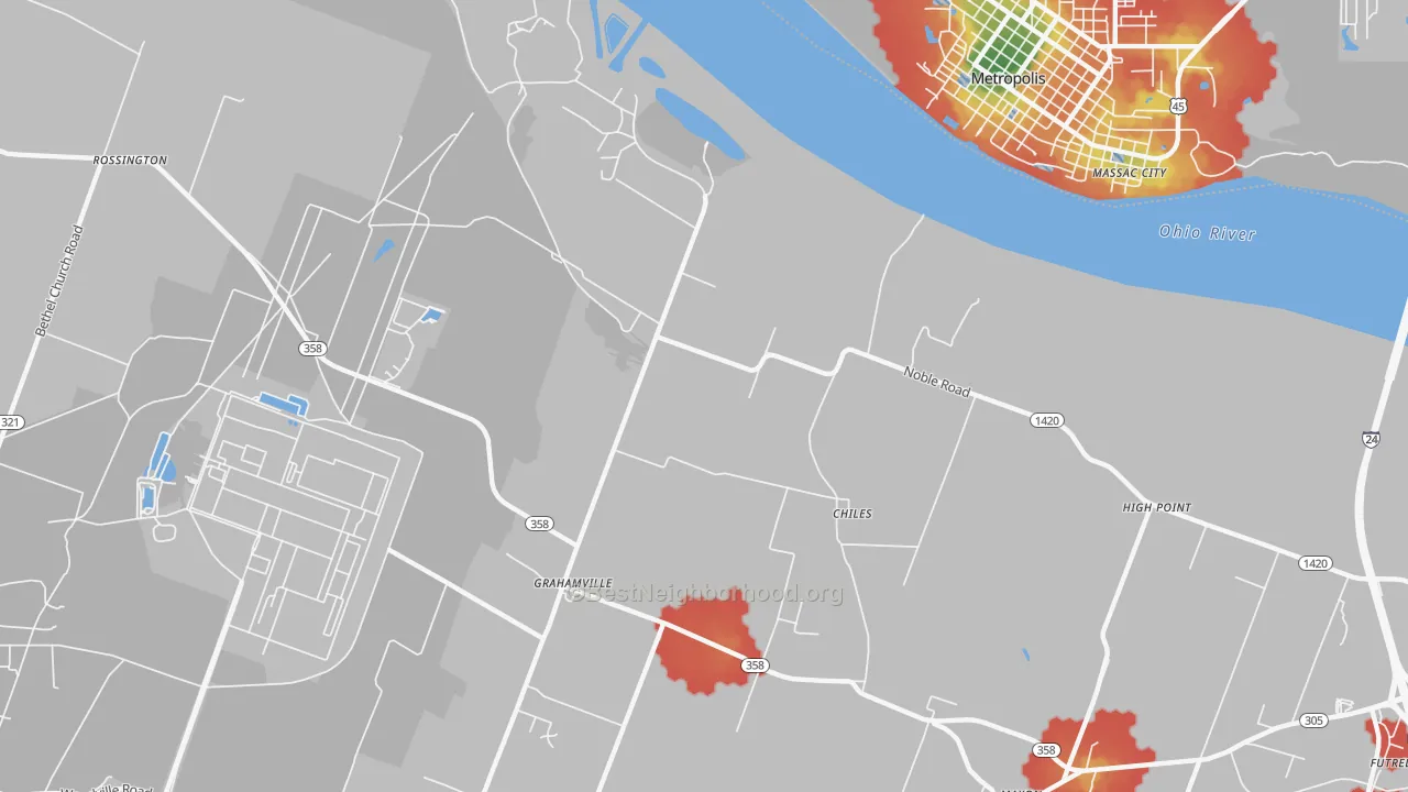 Walk Grade map of Grahamville, KY, walkable areas in green and car-dependent areas in red