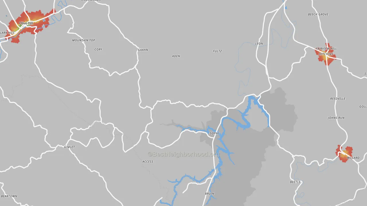 Walk Grade map of Grahn, KY, walkable areas in green and car-dependent areas in red