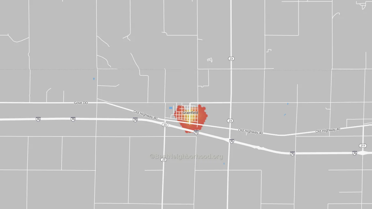 Walk Grade map of Grainfield, KS, walkable areas in green and car-dependent areas in red