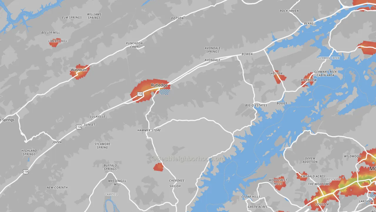Walk Grade map of Grainger County, TN, walkable areas in green and car-dependent areas in red
