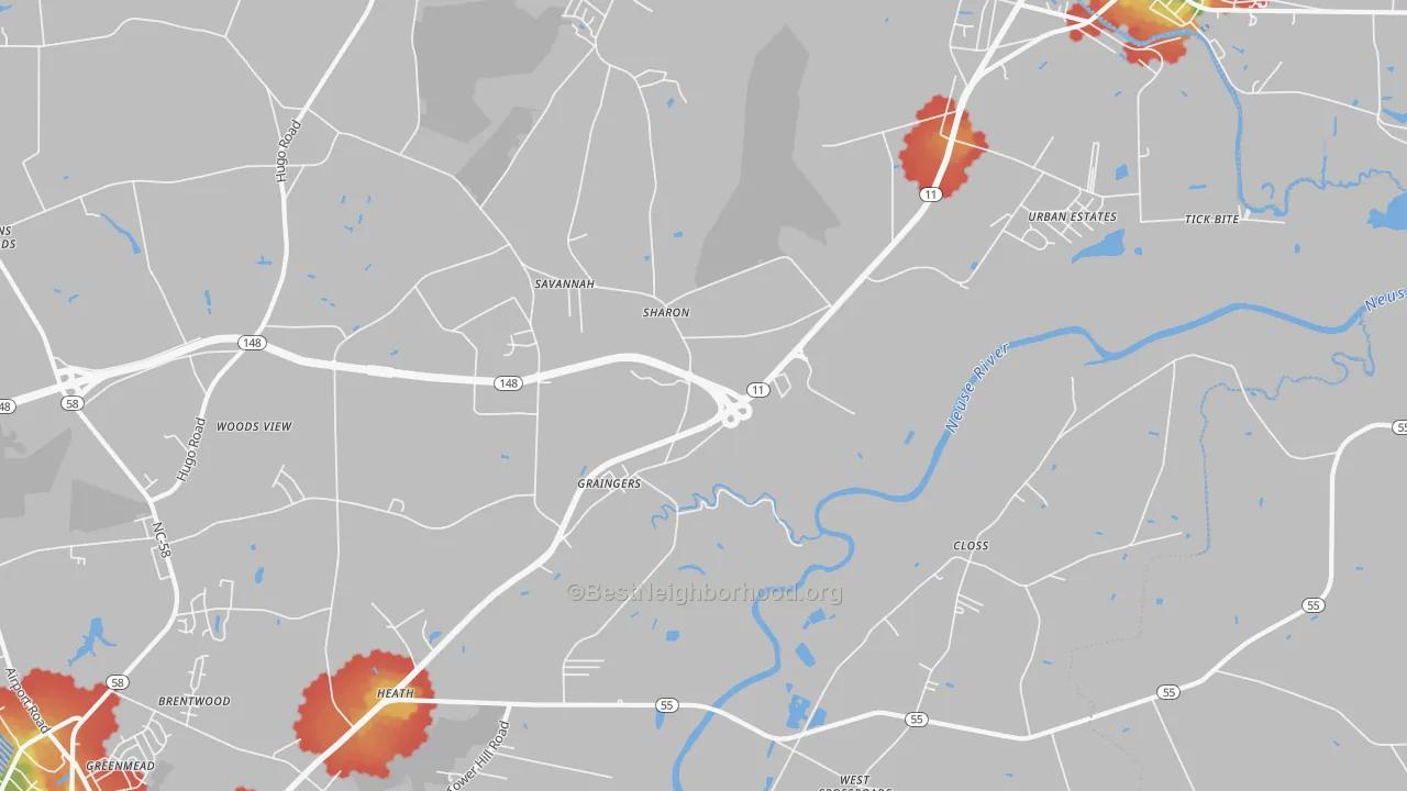 Walk Grade map of Graingers, NC, walkable areas in green and car-dependent areas in red