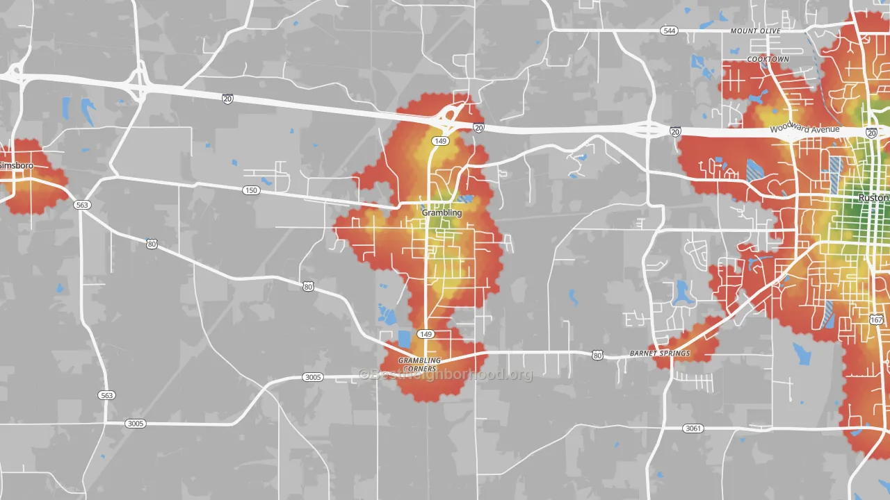Walk Grade map of Grambling, LA, walkable areas in green and car-dependent areas in red