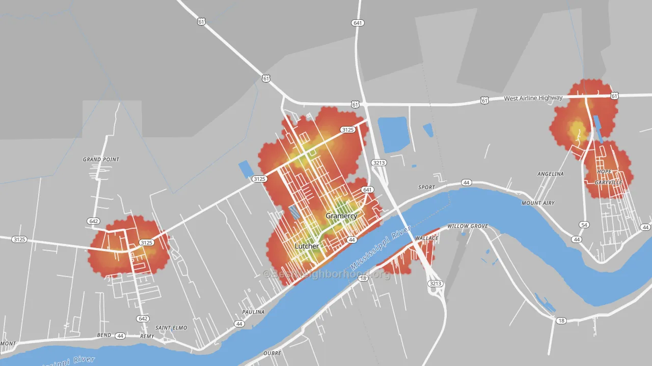 Walk Grade map of Gramercy, LA, walkable areas in green and car-dependent areas in red