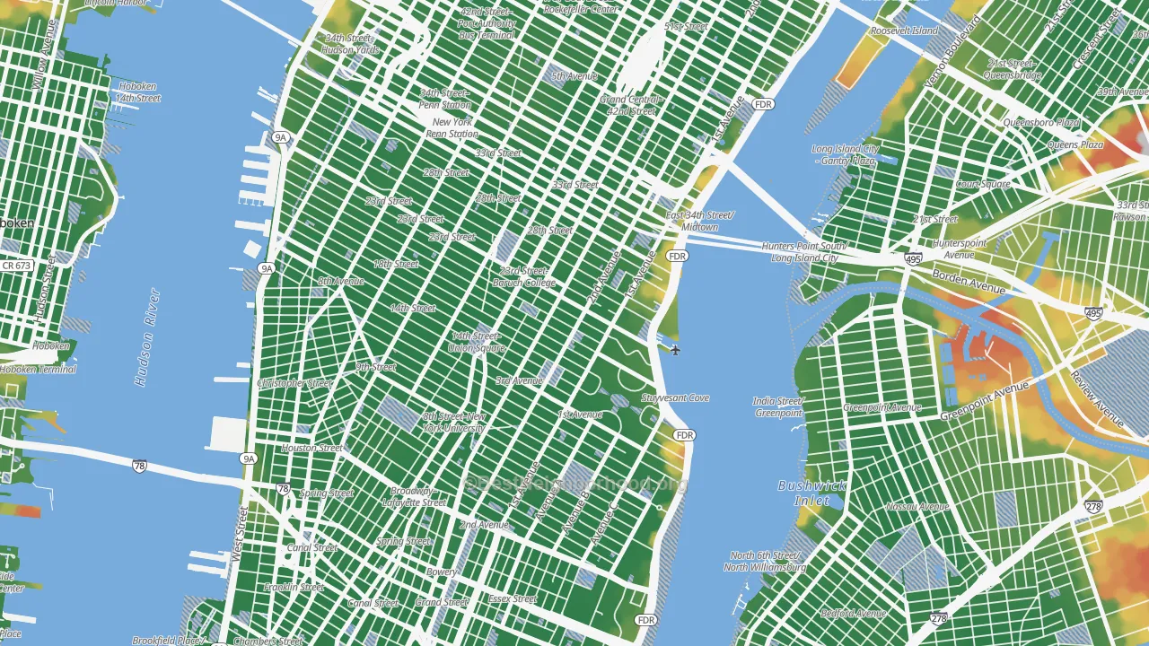 Walk Grade map of Gramercy, Manhattan, NY, walkable areas in green and car-dependent areas in red