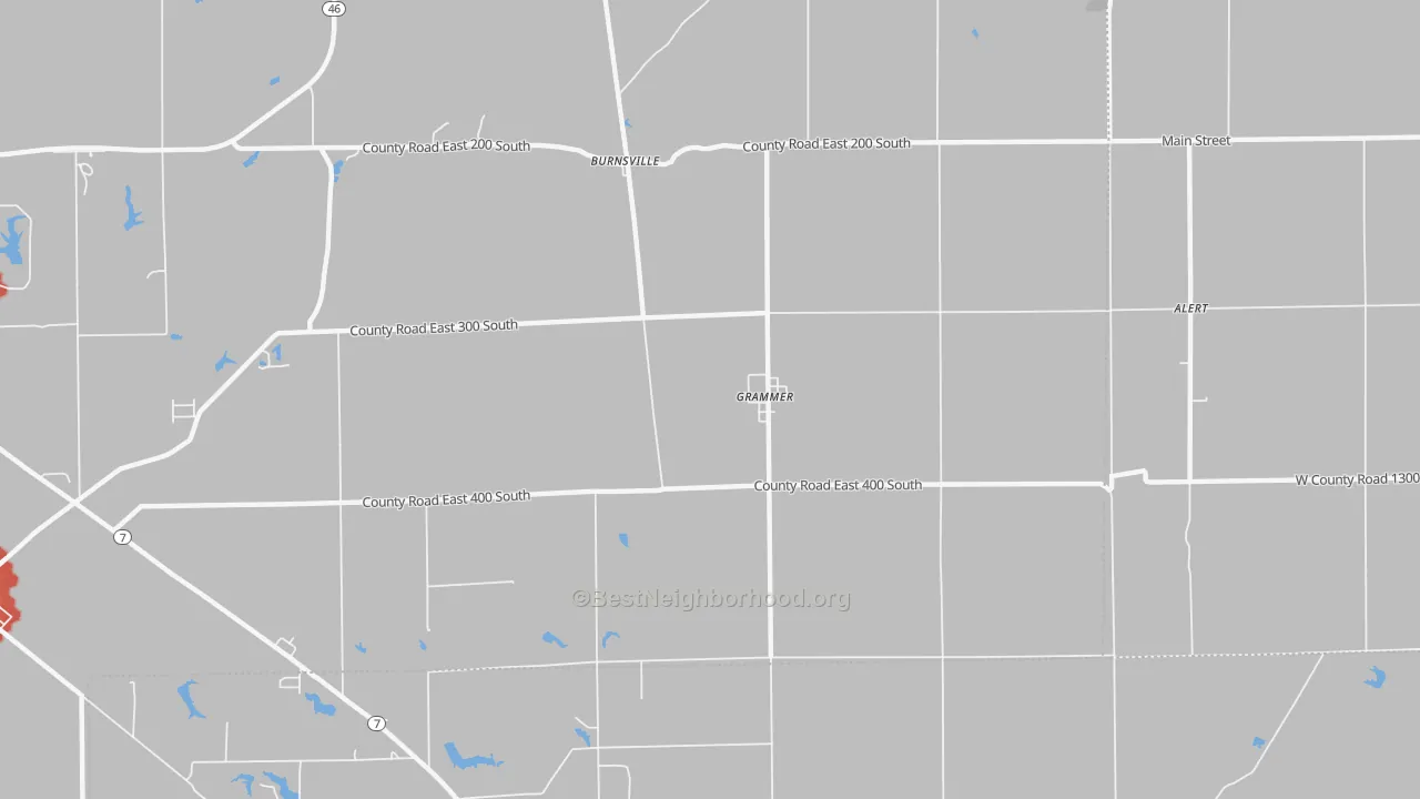 Walk Grade map of Grammer, IN, walkable areas in green and car-dependent areas in red