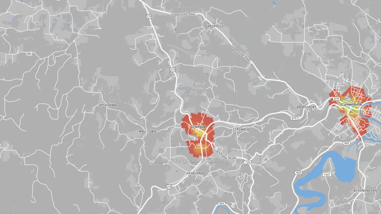 Walk Grade map of Grampian, PA, walkable areas in green and car-dependent areas in red