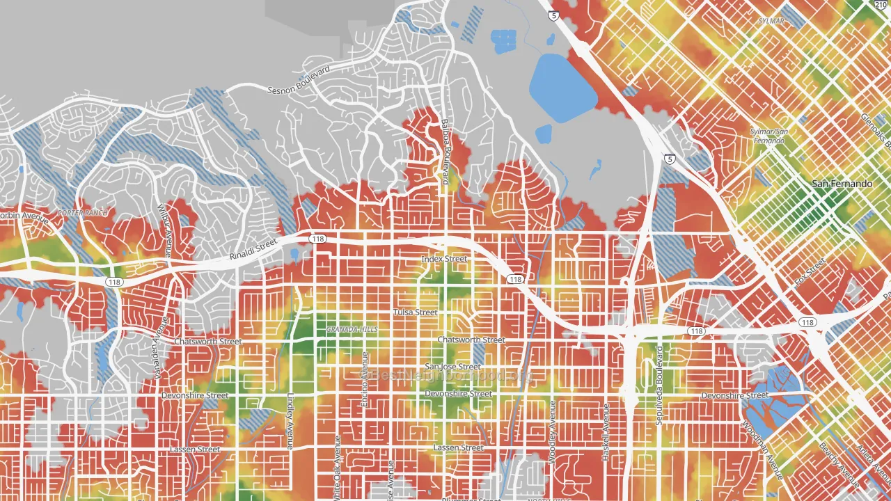 Walk Grade map of Granada Hills, CA, walkable areas in green and car-dependent areas in red