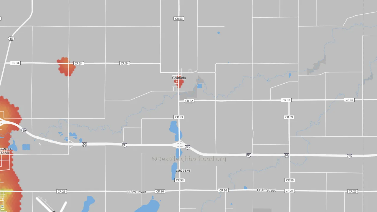 Walk Grade map of Granada, MN, walkable areas in green and car-dependent areas in red