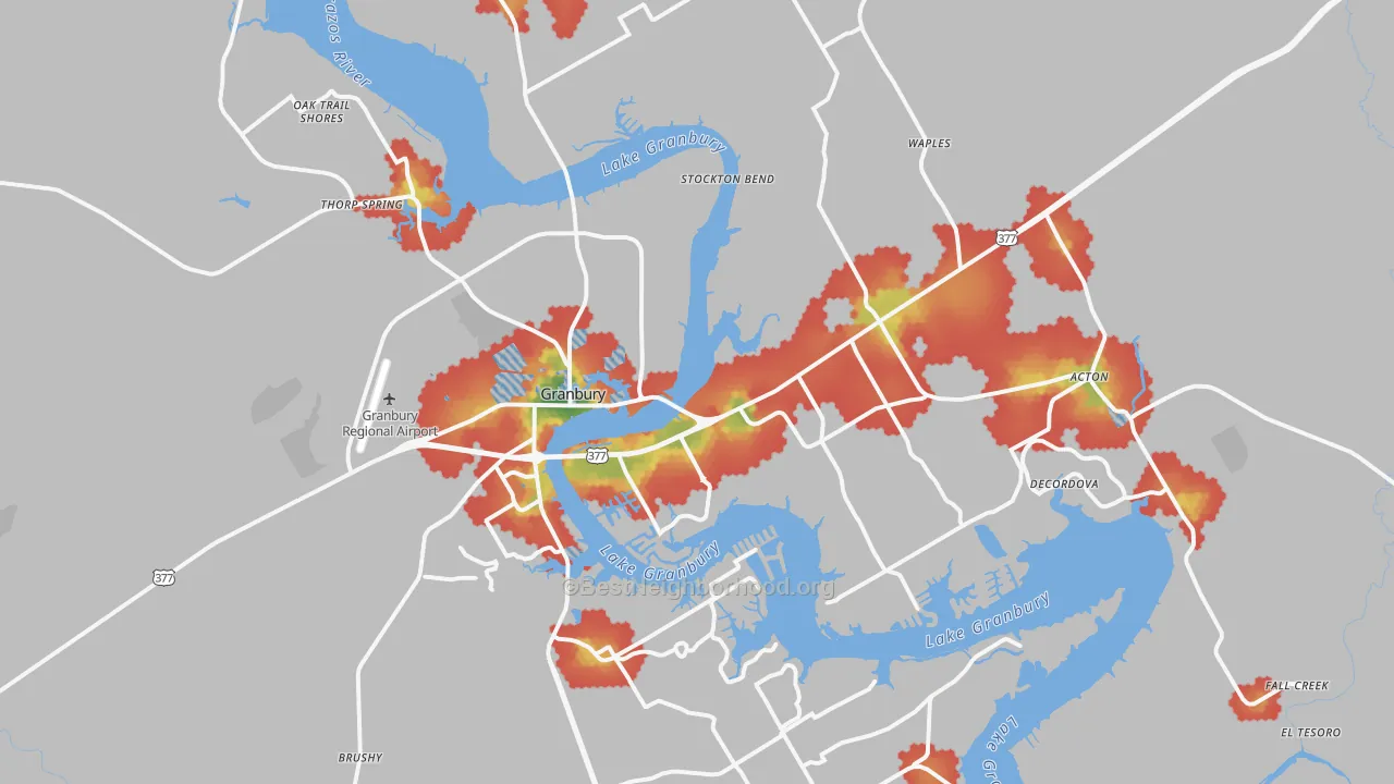Walk Grade map of Granbury, TX, walkable areas in green and car-dependent areas in red