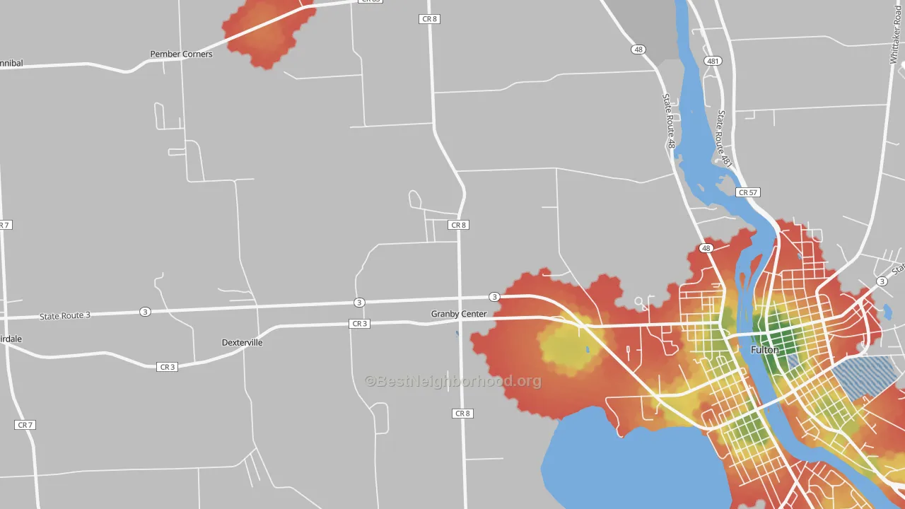 Walk Grade map of Granby Center, NY, walkable areas in green and car-dependent areas in red