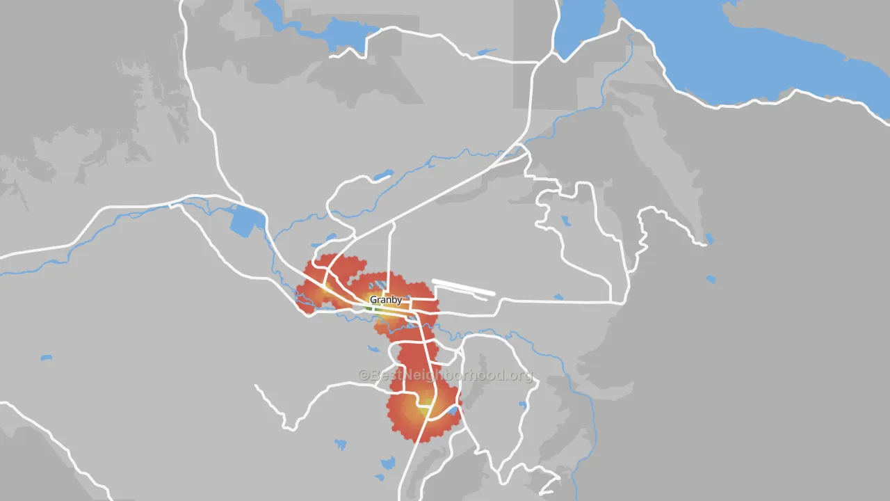 Walk Grade map of Granby, CO, walkable areas in green and car-dependent areas in red