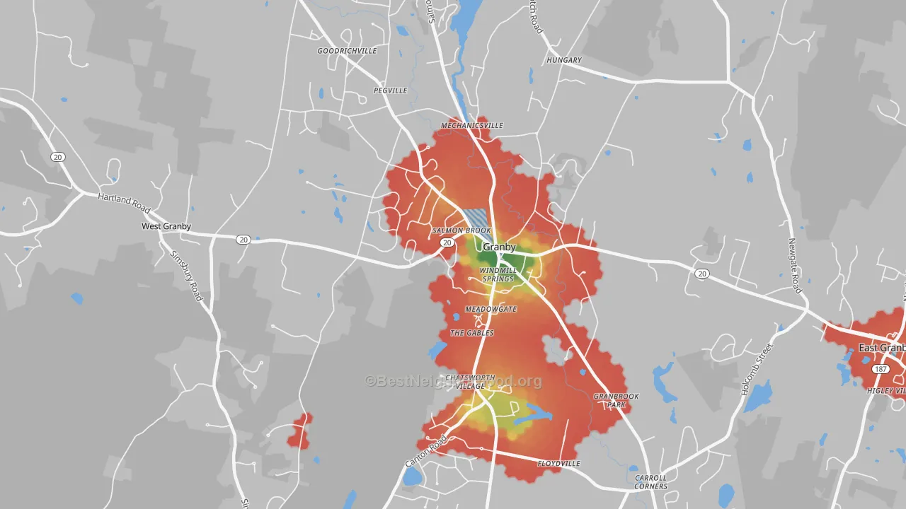 Walk Grade map of Granby, CT, walkable areas in green and car-dependent areas in red