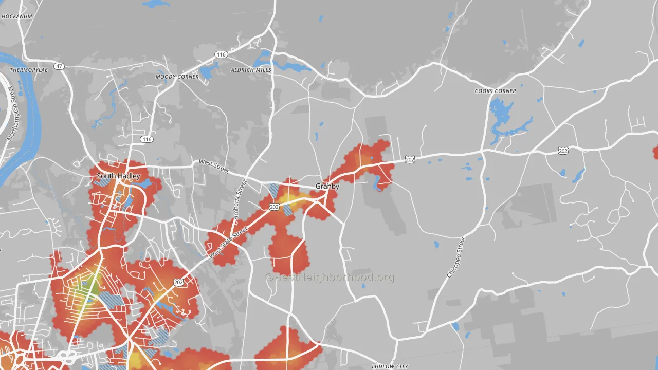 Walk Grade map of Granby, MA, walkable areas in green and car-dependent areas in red