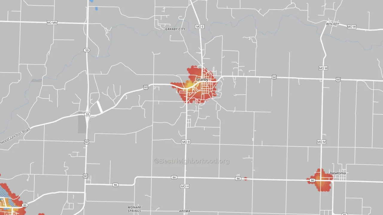 Walk Grade map of Granby, MO, walkable areas in green and car-dependent areas in red