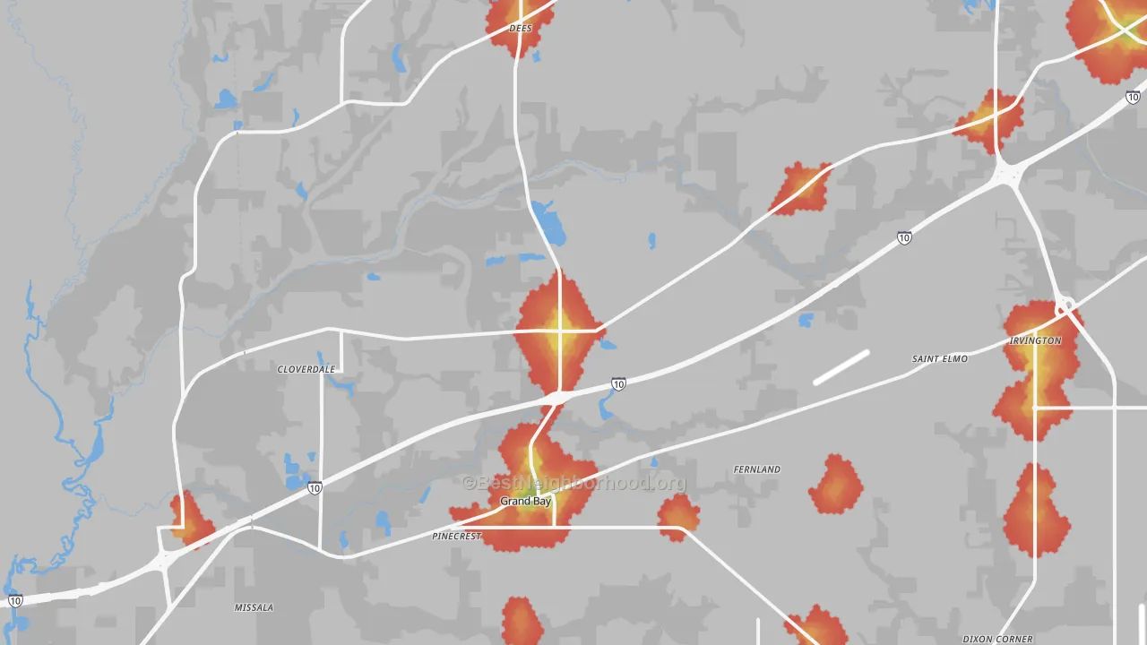 Walk Grade map of Grand Bay, AL, walkable areas in green and car-dependent areas in red