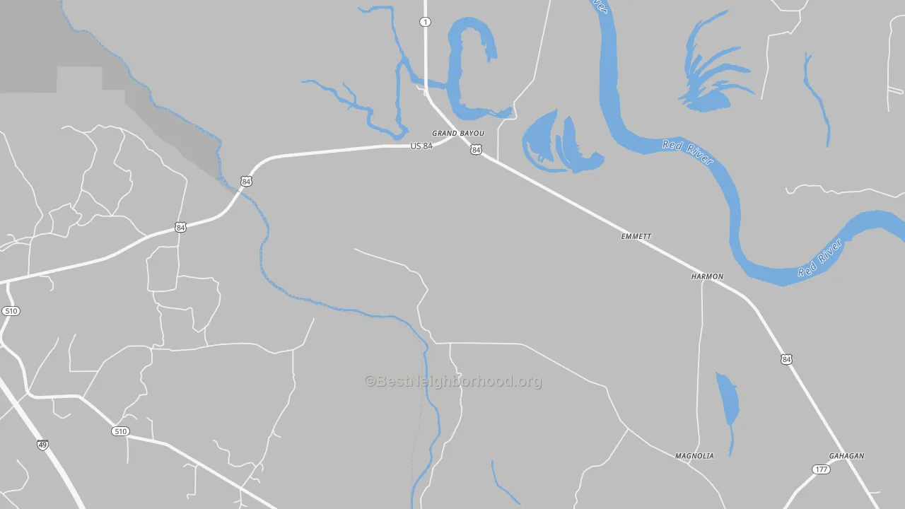 Walk Grade map of Grand Bayou, LA, walkable areas in green and car-dependent areas in red